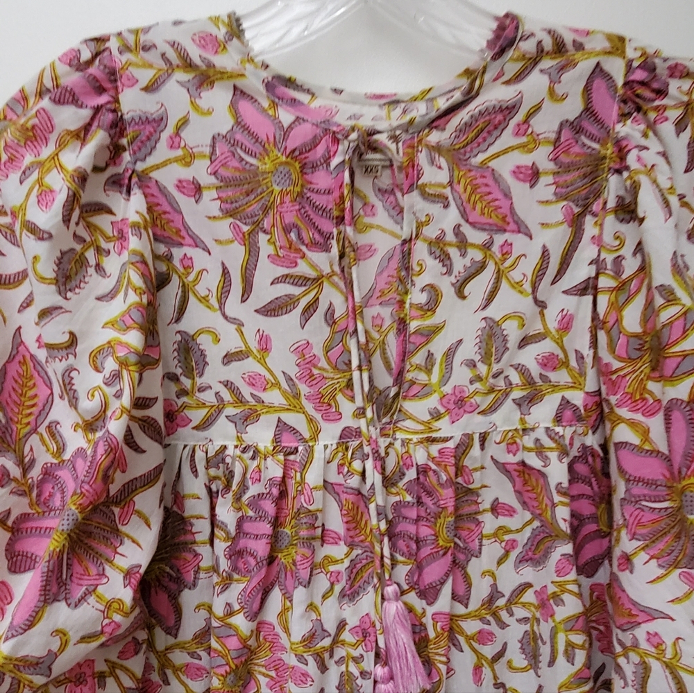 Mille Resort Thalia Pink White Floral 100%Cotton Blouse Puff Sleeves Size XS - Picture 3 of 12